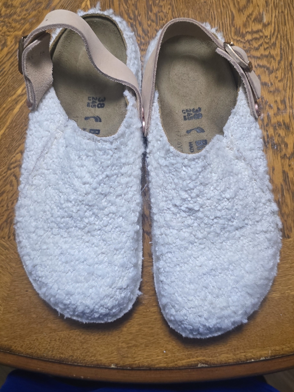 Birkenstock White Fleece Clog with Tan Adjustable Strap